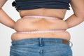 Overweight woman with tape is measuring fat on belly