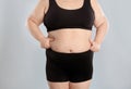 Overweight woman touching belly fat before weight los Royalty Free Stock Photo