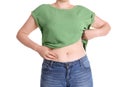 Overweight woman touching belly fat before weight loss Royalty Free Stock Photo