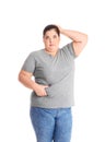 Overweight woman touching belly fat before weight loss Royalty Free Stock Photo