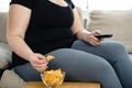 Overweight woman with tv remote and junk food Royalty Free Stock Photo