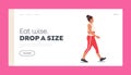 Overweight Woman Walking Landing Page Template. Young Plus Size Girl Character in Sportswear Exercising to be Slim