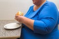 Overweight woman holds hamburger Royalty Free Stock Photo