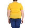 Overweight woman on white background,. Weight loss Royalty Free Stock Photo