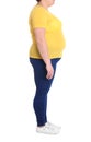 Overweight woman on white background. Weight loss Royalty Free Stock Photo