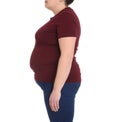 Overweight woman on white background. Weight loss Royalty Free Stock Photo