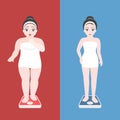 Overweight women in towel on scale and beautiful girl in normal weight on scales Royalty Free Stock Photo