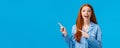 Overwhelmed amused pretty redhead teen girl in nightwear screaming excited and amazed, pointing upper left corner, drop Royalty Free Stock Photo