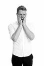Overwhelmed concept. Man yawning face formal shirt white background. Man tired stressful yawn keep eyes closed. Guy with