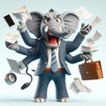 Overwhelmed Elephant in Business Attire Juggling Tasks