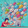 Overwhelmed man receiving a lot of emails exploding from computer screen Royalty Free Stock Photo