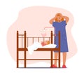 Overwhelmed Mother Character With Postpartum Depression Trying To Soothe Her Crying Baby In The Crib Vector Illustration Royalty Free Stock Photo