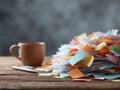 Overwhelmed at work. Huge stack of papers, colorful notes, coffee pen. Represents stress, workload, burnout, organization, or Royalty Free Stock Photo