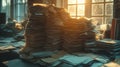 Overwhelming paperwork in sunlit office with stacks of documents Royalty Free Stock Photo