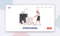 Overwork Stress Landing Page Template. Woman Pull Out Office Man Lying under Huge Documents Heap and Paper Garbage