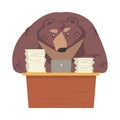 Overworked Bear Businessman Working on Laptop Computer, Humanized Brown Animal Character in Business Suit Cartoon Vector