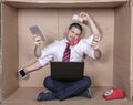 Overworked businessman performs several tasks at once at work, concept of labor exploitation Royalty Free Stock Photo