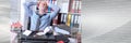 Overworked businessman sitting at a messy desk. panoramic banner Royalty Free Stock Photo