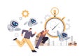 overworked businessmen and robots running in office with stopwatch hurry at work deadline time management