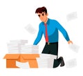 Overworked employee kneeling front of paper box