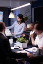 Overworked focused diverse businesspeople working in business company meeting office room