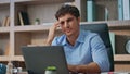 Overworked guy closing computer taking break. Closeup office manager finishing