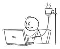 Overworked or Tired Office Worker, Man or Businessman Working on Computer With Coffee Infusion, Vector Cartoon Stick