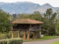 OVIEDO, SPAIN - APRIL 04, 2024: Horreo - typical asturian granary or storehouse in the Inverno public park in the Oviedo,Asturias