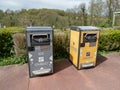 OVIEDO, SPAIN - APRIL 04, 2024:Solar powered smart trash bins on the Senda Verde (Green Path in spanish) hiking trail Royalty Free Stock Photo