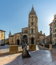 View of the La Regenta statue and San Salvador Cathedral in the historic city center of Oviedo