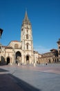 Oviedo, Spain; 06142021; Beautiful view of gothic Cathedral at Oviedo, Asturias. Some unrecognizable people at the square in front