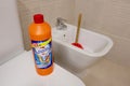 OVIEDO,SPAIN - DECEMBER 21,2021: Clog remover W5 brand from the Lidl supermarket and red rubber plunger in the bathroom.Pipe