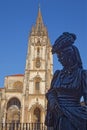 OVIEDO, SPAIN, October 1, 2023 : La Regenta statue and Cathedral. Oviedo has seen a notable increase in public sculpture that