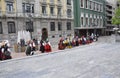 Oviedo, 18th april: Folk Traditional Dancing Festival in Plaza del Fontan Square from Oviedo City in Spain
