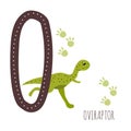 Oviraptor.Letter O with reptile name.Hand drawn cute omnivorous dinosaur.Educational prehistoric illustration.Dino alphabet.