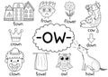 Ow digraph spelling rule black and white educational poster for kids with words