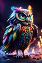 Owl adorned in wildly vibrant feathers