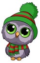 Owl baby in winter clothes. Funny cartoon bird in warm hat and scarf