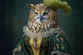 Owl in baroque dress, concept of Avian Anthropomorphism, created with Generative AI technology