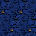 Owl and bats on a background of night trees seamless pattern