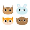 Owl bear hare rabbit fox. Forest animal round face head icon line set. Cute kawaii cartoon funny baby character. Kids education