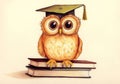 Owl with big eyes in graduation cap on books. Symbol of wisdom education and knowledge Generative AI Royalty Free Stock Photo