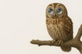 An owl with big eyes sits on a branch. Space for text. Royalty Free Stock Photo