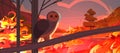 Owl bird escaping from fires in australia animals dying in wildfire bushfire natural disaster concept intense orange