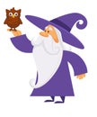 Owl bird on hand of wizard making magic, isolated character Royalty Free Stock Photo
