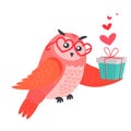 Owl Bird in Heart Shape Glasses Holds Present Box Royalty Free Stock Photo