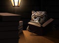 Owl bird reading books at night with lamp light Royalty Free Stock Photo