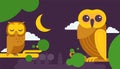 Owl birthday cards vector illustration. Cute cartoon wise birds with wings of different colors sitting on tree branch