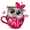 Owl with a bow is sitting in a Cup of coffee