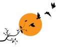 Flying birds silhouettes on sunset and branch illustration, vector Royalty Free Stock Photo